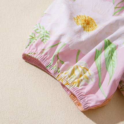 Pink Floral Print Short Puff Sleeve High Waist Tiered Maxi Dress