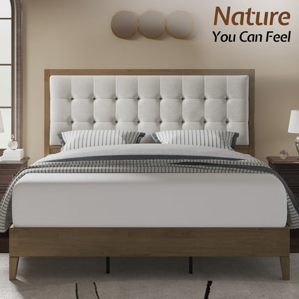 Wooden Bed Frame, High Upholstered Tufted Headboard, Sturdy Wood Platform, No Box Spring Required