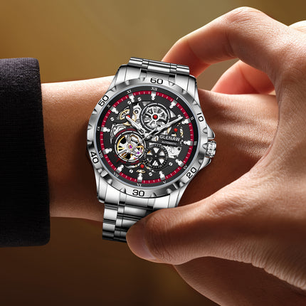 GLENAW Men'S Skeleton Automatic Watch - Stainless Steel Band, Flywheel Movement With Date Display
