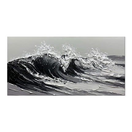 Large Gray And White Seawaves Seascape Oil Painting On Canvas Handmade Black Texture Knife Thick Wall Art For Home Living Room Decor Mural