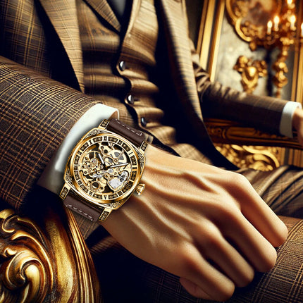 1pc Men's Roman Numeral Mechanical Watch - Automatic Winding Luxury Dress Watch with Golden-Tone