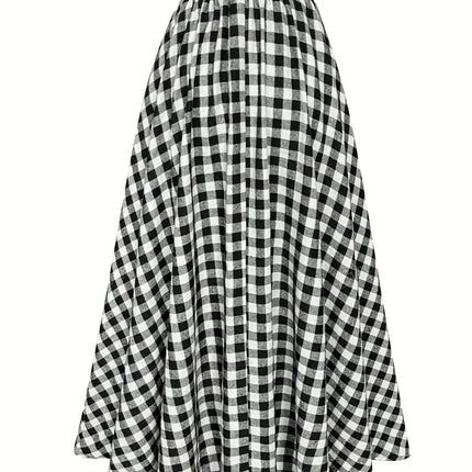 French Vintage A-Line Skirt - High-Waisted Long Maxi Skirt with Checkered (for houndstooth) Skirt,