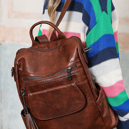 Dark Brown Tassel Decor Retro PU Large Capacity Backpack