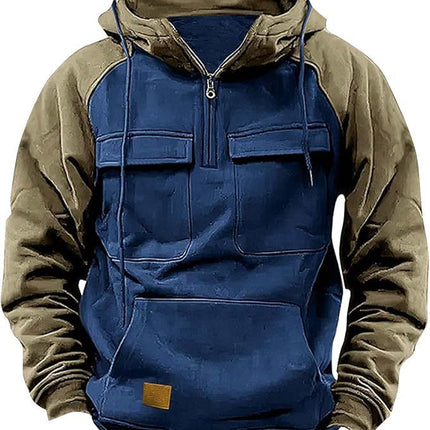 Fall Winter Retro Cargo Hoodies Men's Half Zipper Solid Warm Fleece Sweatshirts Multi Pockets Male Hooded Jackets Thick Outdoor Hooded