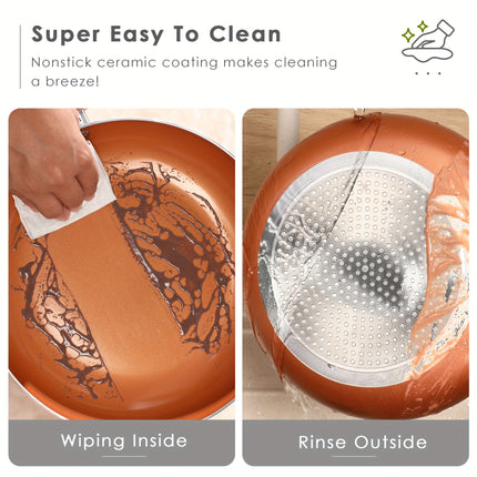 10pcs Copper Nonstick Cookware Set, Aluminum Induction Compatible Pots and Pans with Ceramic Coating,