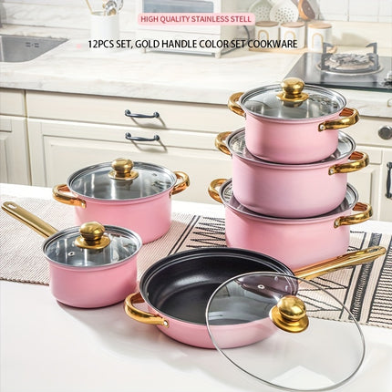 12pcs Stainless Steel Cookware Set, Pots And Pans Set Non Stick, Kitchen Pink Cookware Sets,