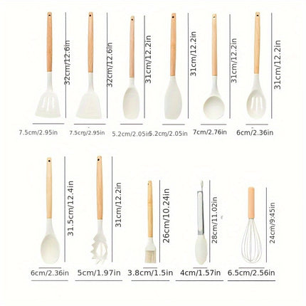 12pcs Silicone Kitchen Utensils with Wooden Handles - Elegant, Non-Stick Spatula And Spoon