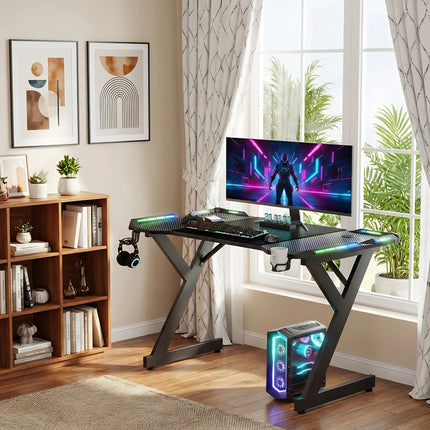 Gaming Desk With Carbon Fiber Desktop And 4 LED Lights, Sturdy Home/office