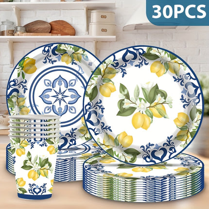 30pcs Disposable Tableware Set Featuring a Lemon And Blue Porcelain Theme, Uncoated Utensils