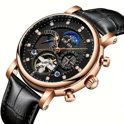 [KINYUED] Men'S Automatic Winding Mechanical Watch with Moon And Stars Multi-Function Wristwatch,
