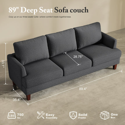 3-Seater Sofa  Modern Grey Memory Foam Sofa with Deep Seat and Armrests, Comfortable