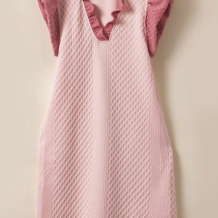 Light Pink Textured Puff Sleeve Ruffled V Neck Shift Mini Dress