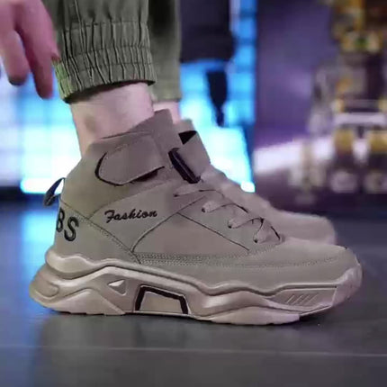 Men's Mid-Top Lace-Up Sneakers, Outdoor Hiking Shoes, Solid Color Thick-Sole Lace-Up Shoes,