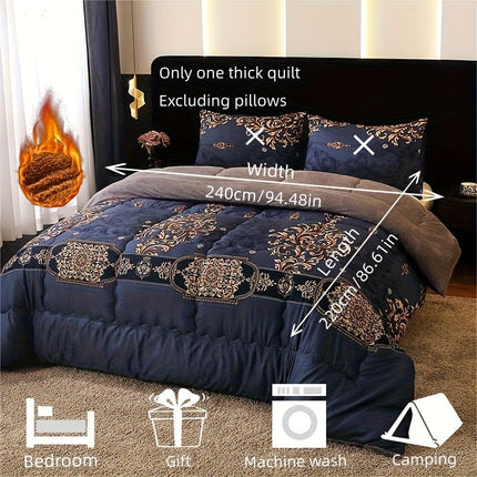 1pc Luxury Fleece Bedspread - Deep Navy Blue & Golden Floral Print, All-Season Soft Warmth
