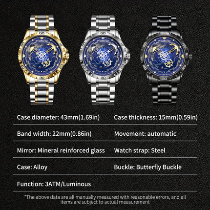 Men's Automatic Mechanical Watch - Navy Blue Dial with Golden Hands, Compass Rose Steering Wheel