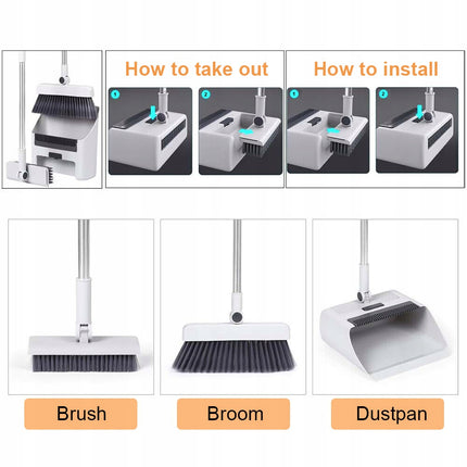 Three-Piece Broom and Dustpan Set with Upright Storage System for No-Stoop Cleaning, Broom Sweeping Set,