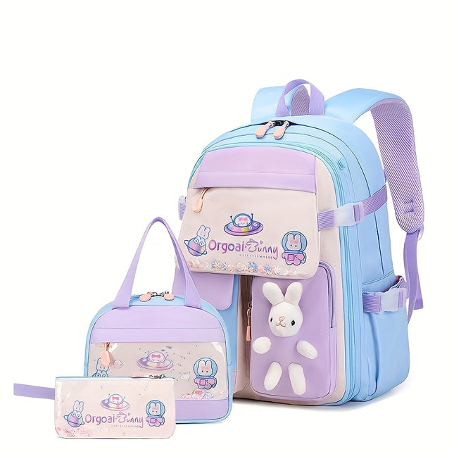 Girl's Backpack Three-Piece Set, Cute Rabbit Backpack for Kids, School Bag, Shoulder Bag