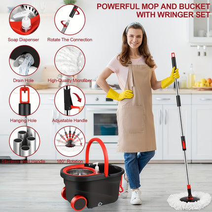 Spin Mop and Bucket with Wringer Set on Wheels, 360°