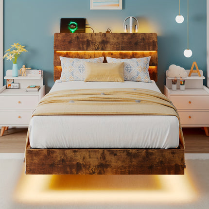 Bed Frame Featuring LED Lighting, Integrated Charging Station, Wooden Headboard for Storage
