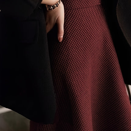 Women's New Houndstooth Checkered Midi Skirt, High-End Autumn Winter Tweed A-Line Umbrella Skirt