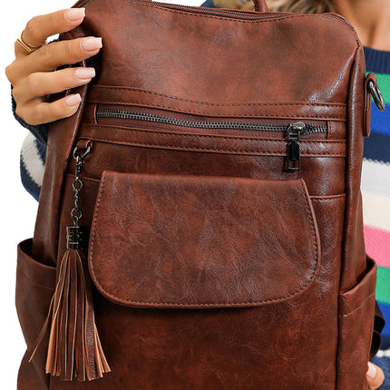 Dark Brown Tassel Decor Retro PU Large Capacity Backpack