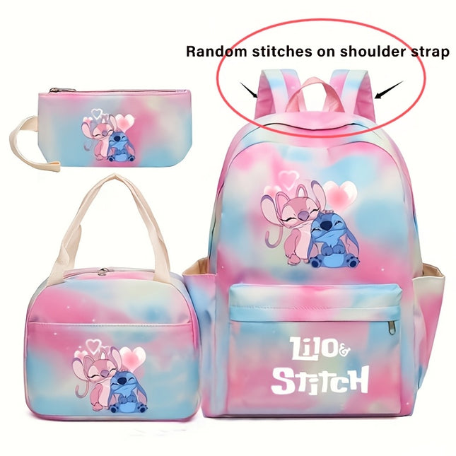 Disney Stitch 3pcs Backpack Set, Preppy Style, Durable Nylon with Adjustable Straps,