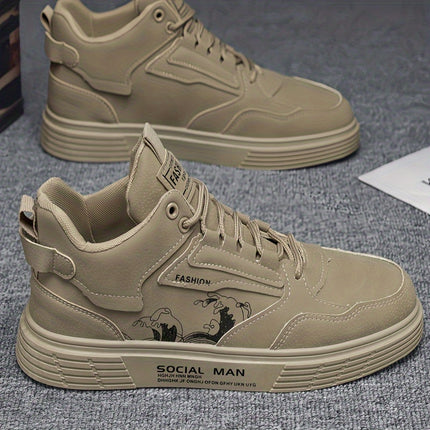 Men's High-Top Casual Sneakers - Solid Color Lace-Up Boots with PU Upper,