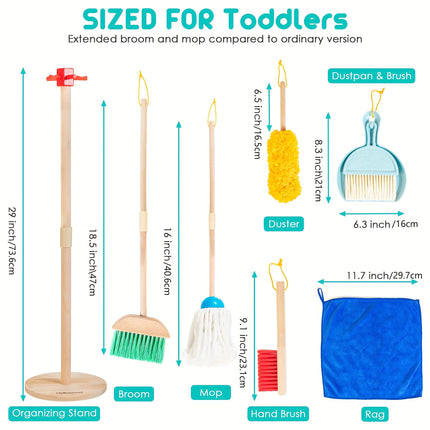 8pcs Wooden Housekeeping Pretend Play Set for Kids, Extended Mop&Broom