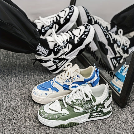 Men's & Low-Top Skate Sneakers - White/Black PU Upper