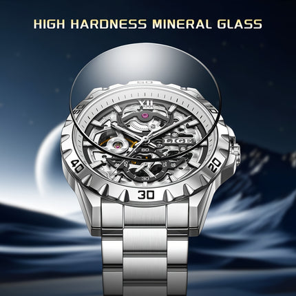 Men'S Mechanical Watch - Elegant Hollow Dial with Stainless Steel Strap,