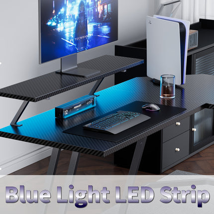 L-Shaped Gaming Desk with Carbon Fiber Surface, Dual Monitor Stands & LED
