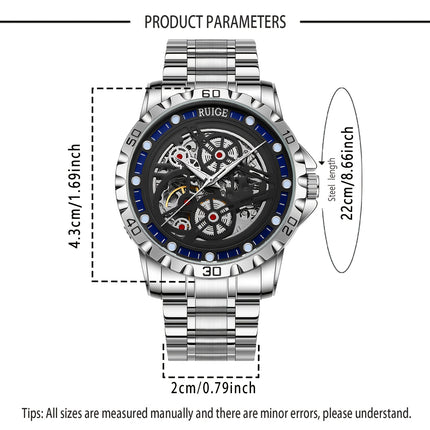 Stylish Men'S Automatic Mechanical Watch with Stainless Steel Strap, Luminous Hands & Hollow Round Dial