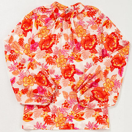 Orange Floral Print Pearl Button Keyhole Long Puff Sleeve Blouse