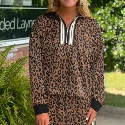 Khaki Leopard Print Quarter Zip Long Sleeve Top Mini Skirt Set