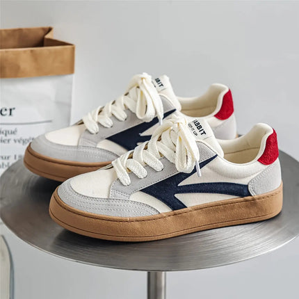 Men'S Retro Skate Sneakers - Low-Top Breathable Canvas Shoes with White Laces & Navy Blue/Red Accent