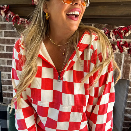 Red Checkered Print Half Zip Hoodie Loose Pant Set