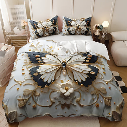 3pcs Butterfly Floral Duvet Cover Set, Animal Print, Insect Theme, Breathable Polyester, All-Season, Machine Washable, with 1 Duvet Cover and 2 Pillowcases, Digital Print Craftsmanship, No Insert for Bedding