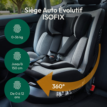 Mobelys Auto Child ISOFIX 0-36 Kg, I-Size 40-150 Cm, 360° Rotatable, Adjustable Reclining Position,