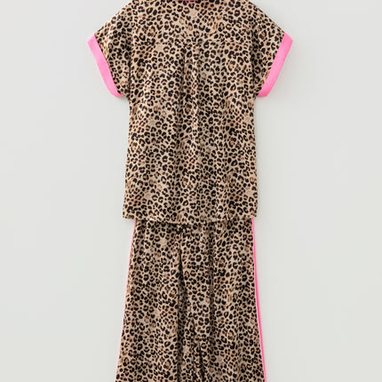 Brown Contrast Trim Leopard Top and Pant Set