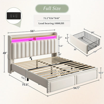 Color-Controlled Bed Frame With Light Strip And Socket, Three Sizes Available