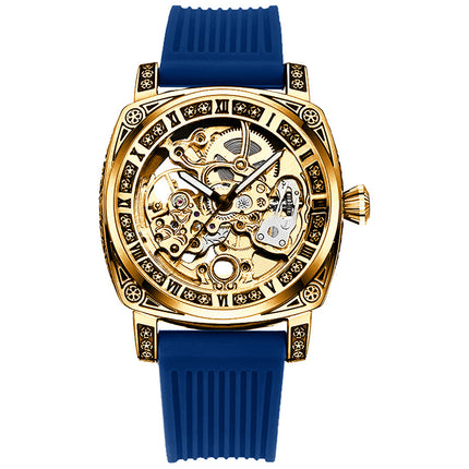 1pc Men's Yellow and Blue Tape Elegant Carved Roman Rotating Mechanical Watch