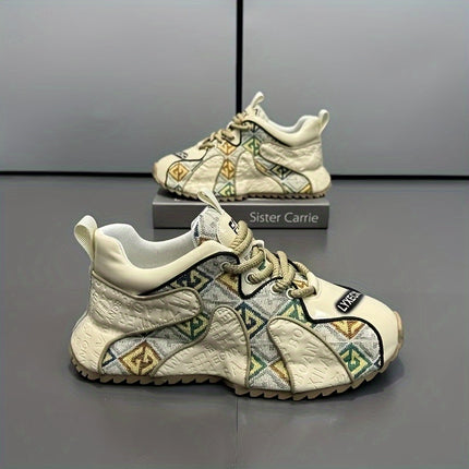 Men's Stylish Embroidered Patchwork Sneakers - Black & White Geometric Design