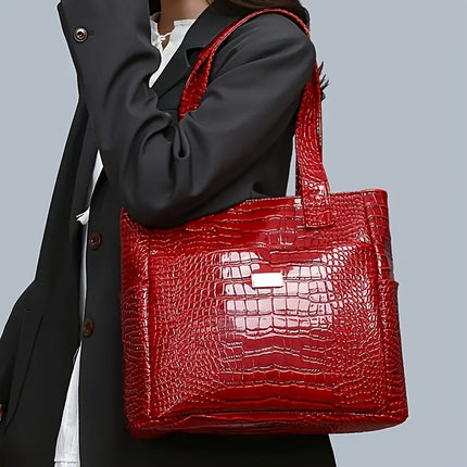 Women's preferred large-capacity tote: elegant, solid-color, crocodile-patterned PU bag with secure zipper