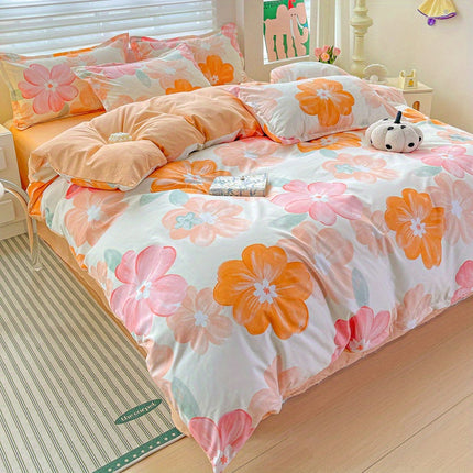 3pcs Soft & Comfortable Floral Bedding Set - Vibrant Orange & Pink Flowers, Machine Washable Polyester,