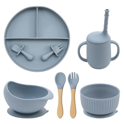 Baby Silicone Cookware Feeding Plate Bowl Set Non-Slip Suction Food Dishes Drinking Cup BPA Free Fork Spoon Children's Tableware