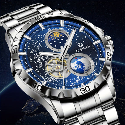 Men's Mechanical Watch Starry Sky Dial Steel Band Stopwatch Sun Moon Star Automatic