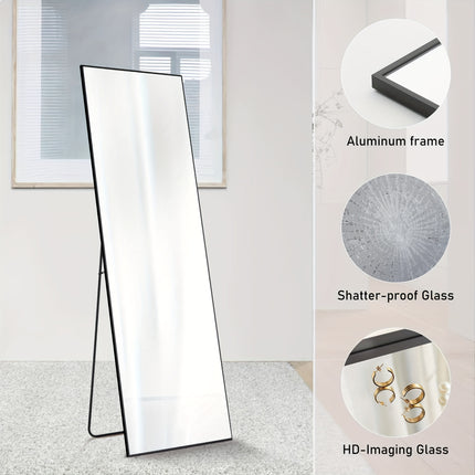 Floor Mirror, 64" x 21" Full Length Mirror with Stand, Hanging Mirror Wall Mounted Mirror with Aluminum