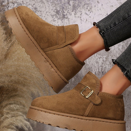 Coffee Buckle Detail Round Toe Platform Cozy Winter Boots