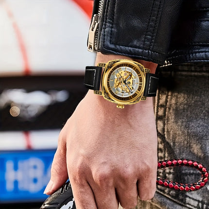 Men'S Luxury Vintage Automatic Mechanical Watch with Golden Hollow Carved Skeleton Dial,