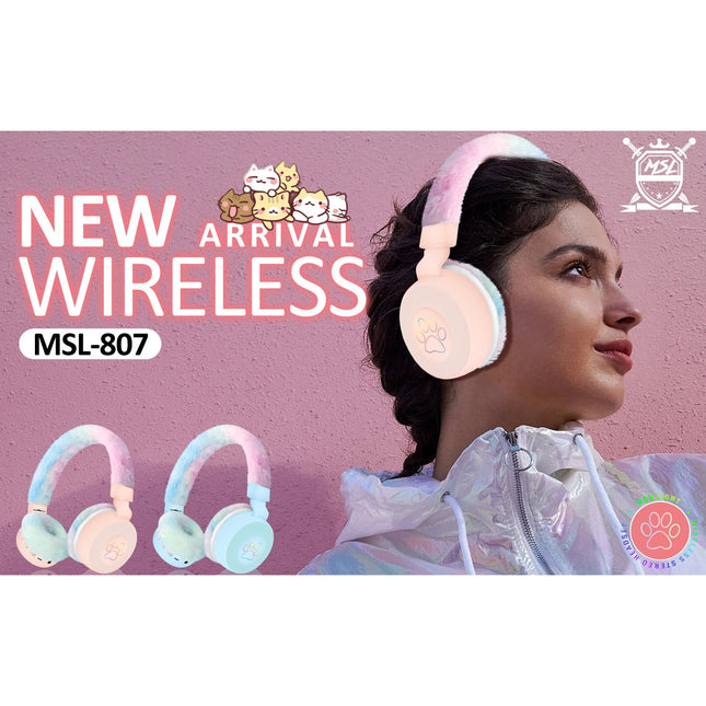 Fluffy Over-Ear Wireless Headphones with LED Paw Design, Comfortable Skin-Friendly Cushion, Hi-Fi Audio